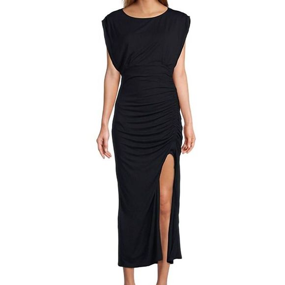 Free People OB1646081 Women's Sz S Black Lakeside Ruched Split Midi Dress $128 - Picture 3 of 5